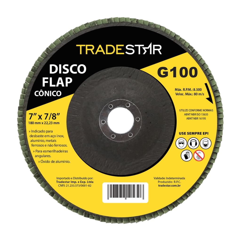 Disco Lixa Flap Cônico 180mm Grão 100 7" 8500 RPM Velocidade Máxima 80m/s Óxido de Alumínio Tradestar