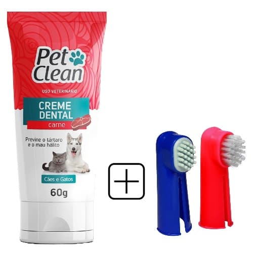 KIT PET CREME DENTAL CARNE  2 DEDAL CÃES E GATOS BUCAL PET