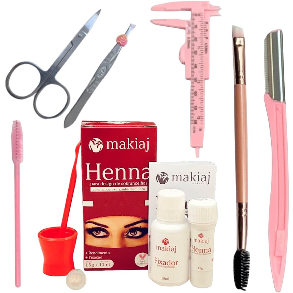 Kit de Sobrancelha Henna Makiaj Profissional e Pincel tesoura paquimetro pinca navalha
