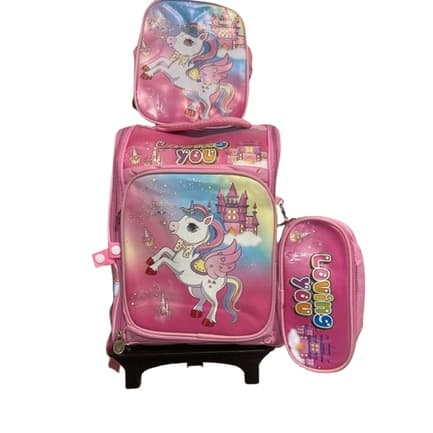kit Mochila Escolar Infantil com Rodinhas Unicórnio  Mais Lancheira e Estojo
