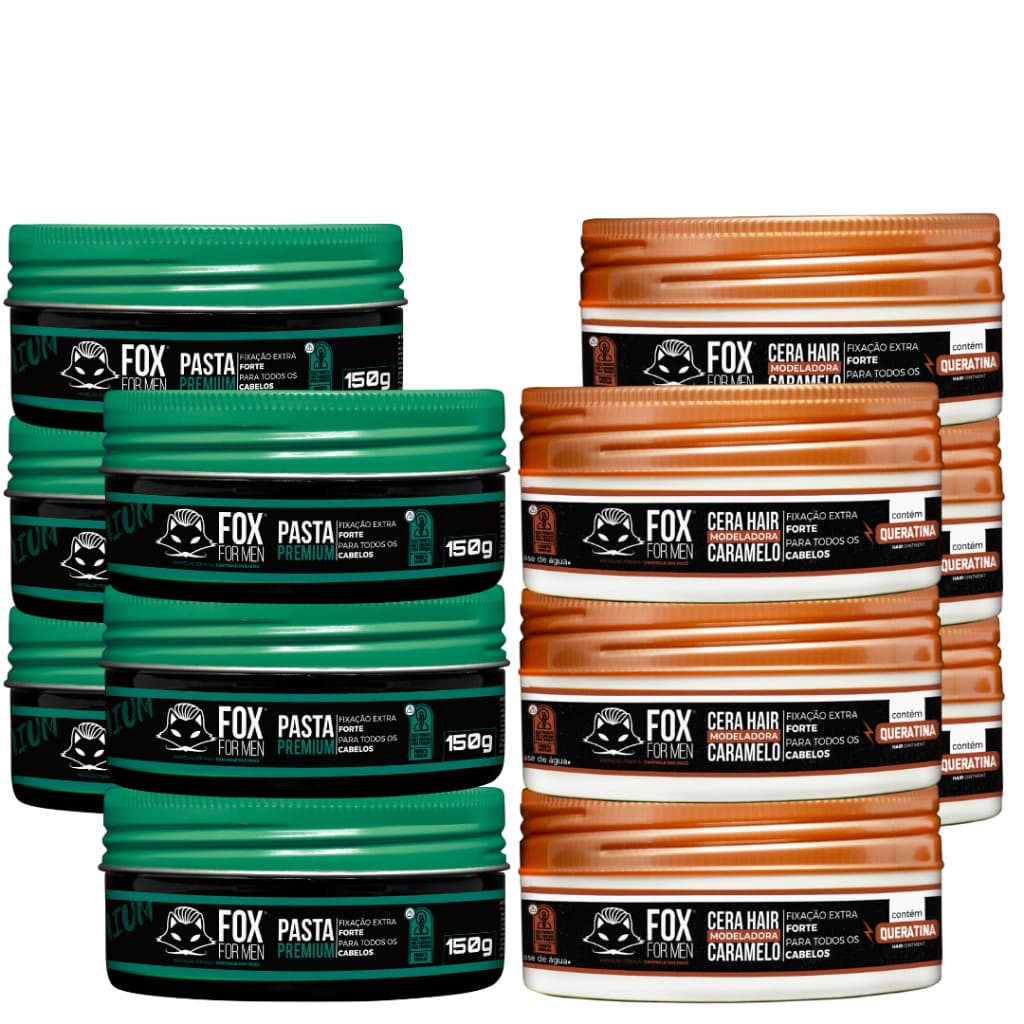 Kit 12 Pomada Modeladora Fox For Men 6 Premium 6 Caramelo Alta Fixação Matte Brilho Masculina