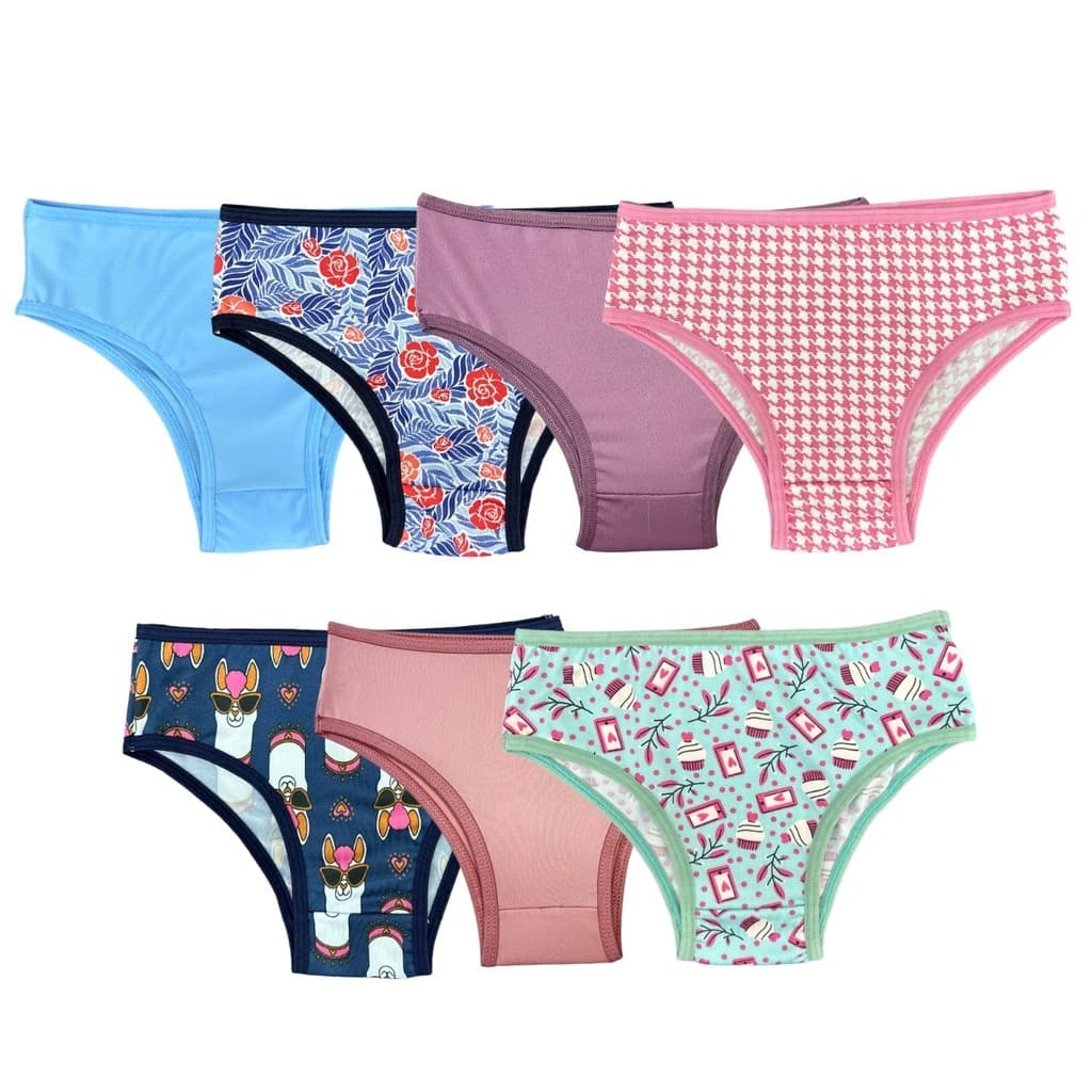 Kit 7 Calcinha Lisa e Estampada Juvenil e Infantil Conforto Menina Moça Tanga Poliéster Forrada