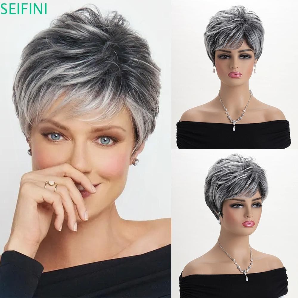 Peruca Curta SEIFINI Com Franja , Sintética Resistente Ao Calor Da Moda Feminina Cinza Natural Vovó