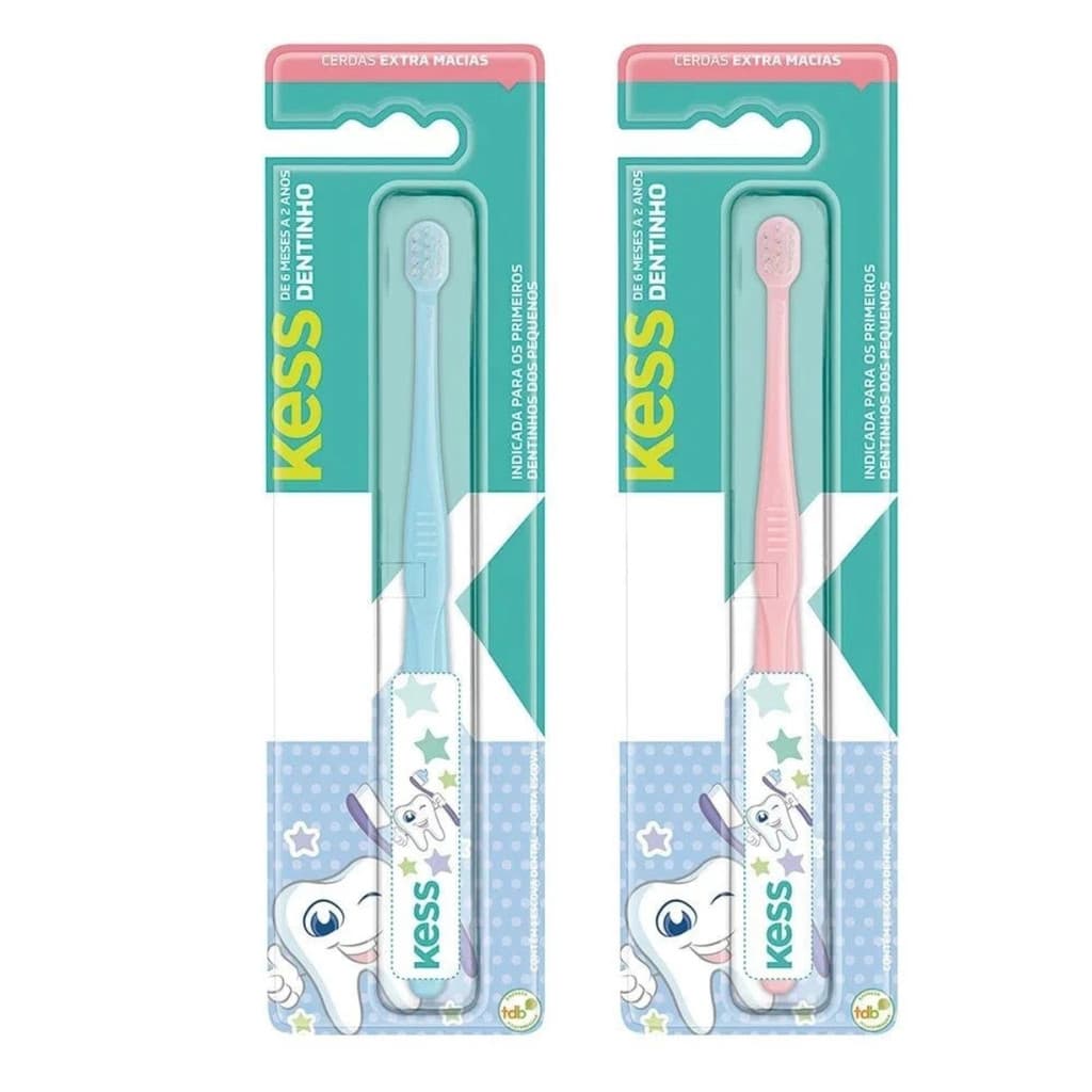 Escova Dental Infantil Bebê 6 a 24 meses Kess Dentinho Cerdas Extra Macia Rosa / Azul
