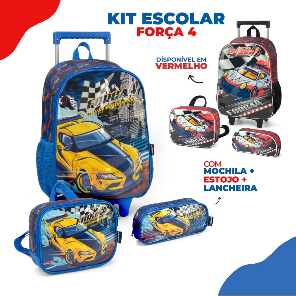 Kit Mochila de Rodinhas Escolar Infantil + Lancheira + Estojo Força 4 Carros Corrida Forza