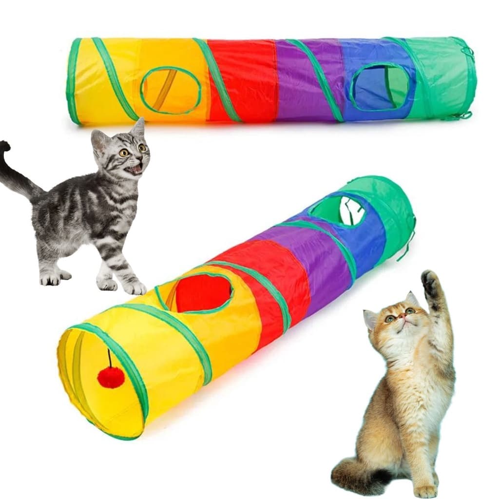Brinquedo Interativo Túnel para Gato Pet Colorido Arco-Íris Dobrável Labirinto com Bola Bolinha