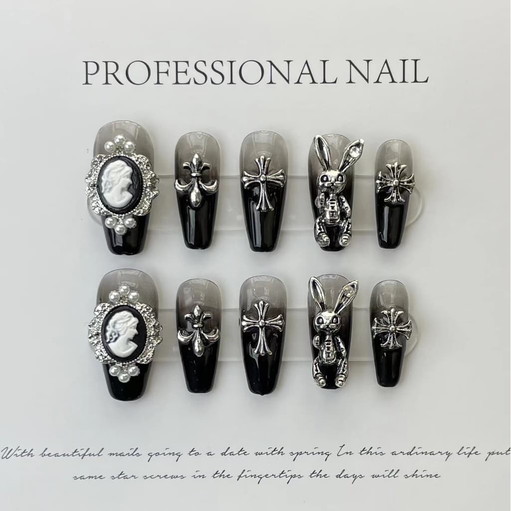 Novo Artificial prego fototerapia unhas estilo Hepburn corvo preto doce legal espelho mágico francês desgaste armadura