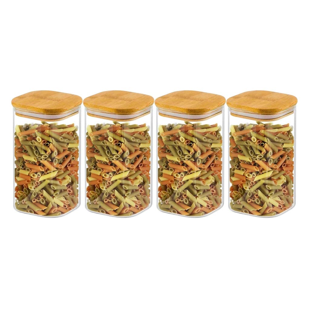Kit 4 Pote De Vidro C/ Tampa De Bambu Quadrado Hermético 1350ml Para Mantimentos Design Sofisticado