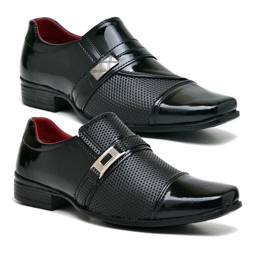 Sapato Social Masculino Kit 2 Pares Calce Fácil Preto Verniz