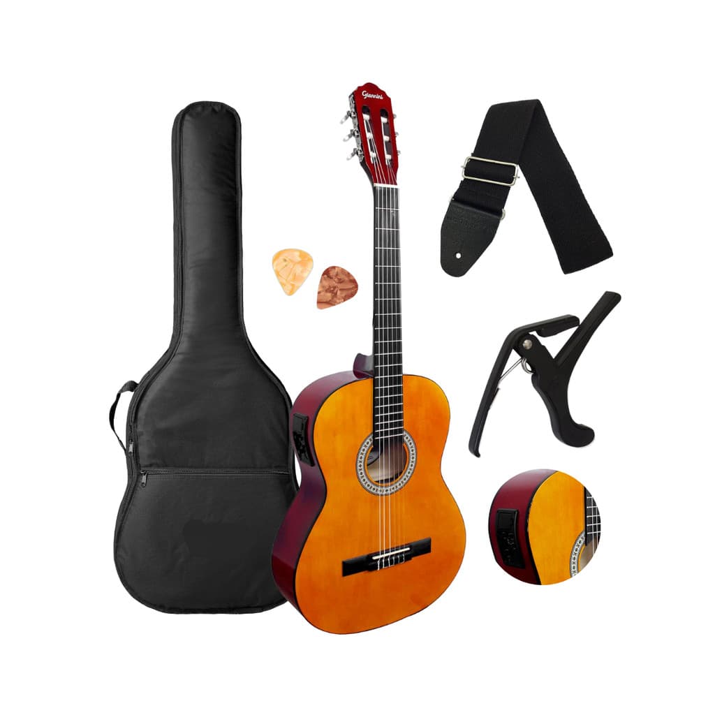Violão Elétrico cordas de Nylon marca Giannini N-14 EQ Natural Brilhante Afinador embutido + Capa + Correi + Capotraste