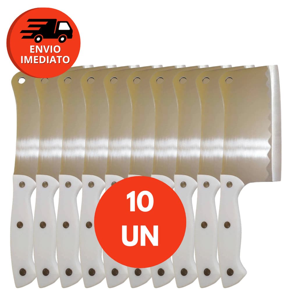 Kit Cutelo Machadinha Inox 6” Profissional Chef Facão Cozinha Açougueiro Cabo Branco C/6, 8 Ou 10 Un