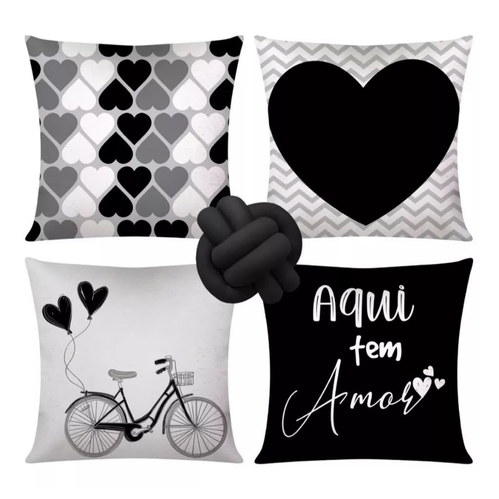 Kit 4 Almofadas Cheias Decorativas + 1 Almofada De Nó Aqui tem Amor Preto