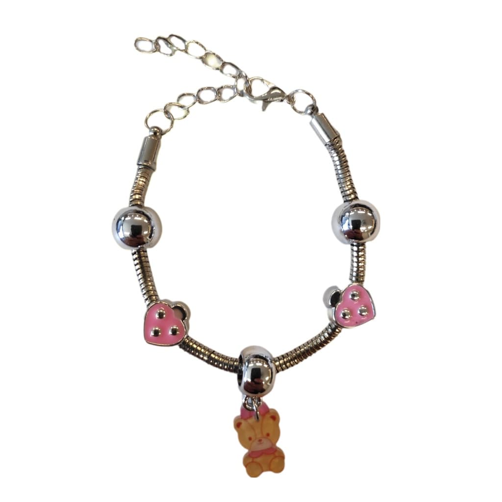 Pulseira Com Cinco Pingentes Coloridas Infantil Para Presente Bracelete Coração Com Fecho Estilo Prateada Moda Acessório