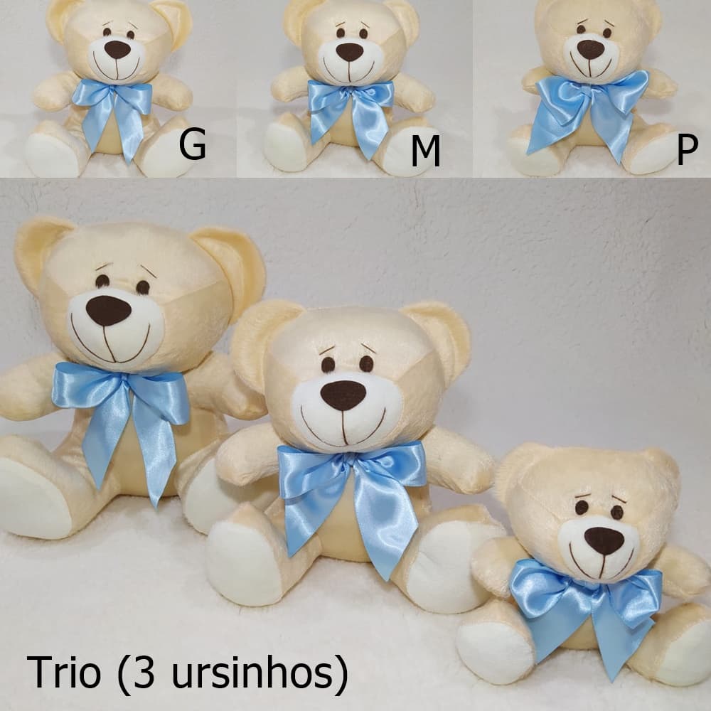 Urso Avulso e Trio De Ursinhos Com Laço Azul Bebê Cetim P/ Nichos 14cm 20cm 25cm