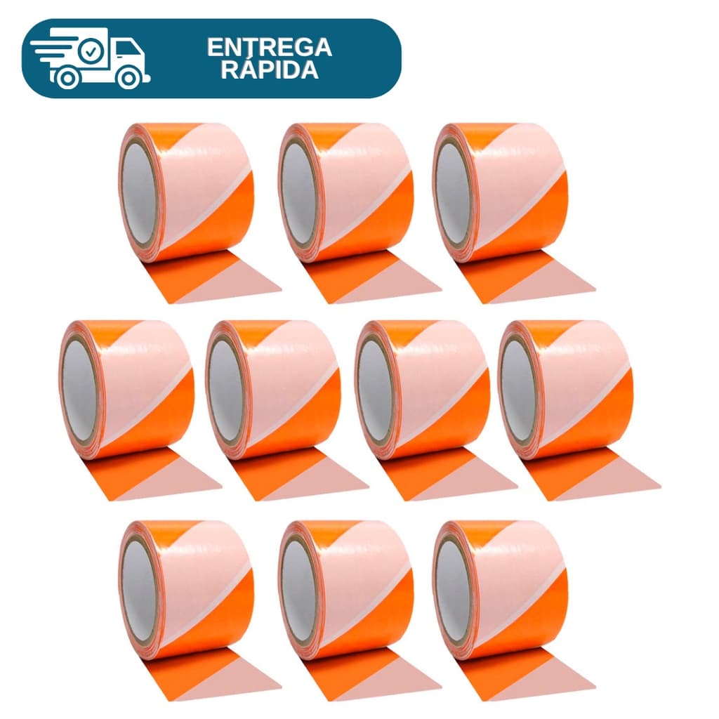 Kit 10 Fita Zebrada Laranja e Branco Para Isolamento 70mm X 150 Metros Sinalização