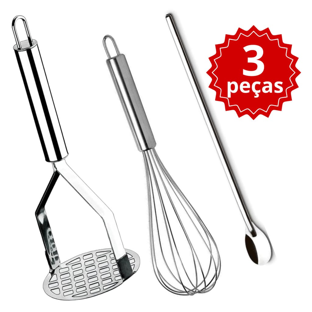 Amassador de Batata Inox + Batedor de ovos Fue Grande + Colher Suco Bailarina Kit 3 peças