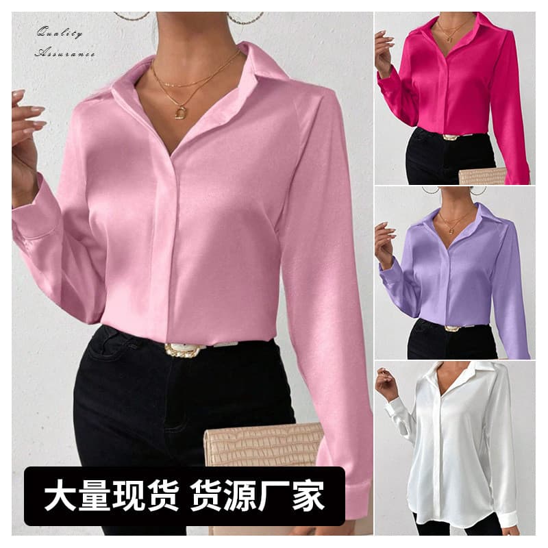 Shirt Camisa feminina de manga comprida de seda com simulação de cetim
