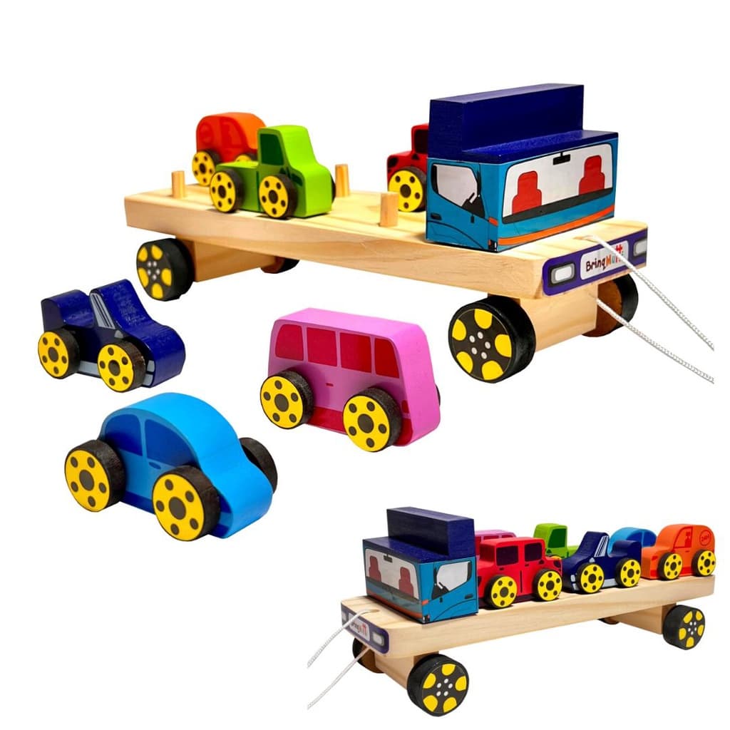 Caminhão Cegonha com 6 carrinhos e Caminhão - de Puxar - Brinquedo de Madeira Educativo Montessori Premium