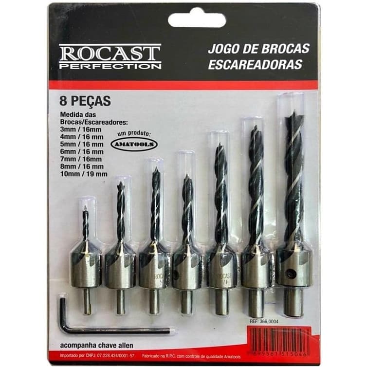Jogo Brocas Escareadoras P/ Madeira 8 Pçs Rocast