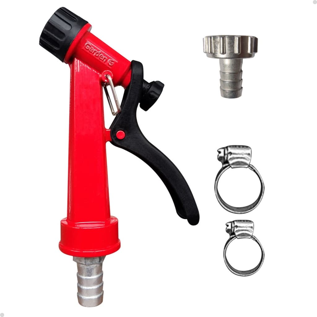 KIT ESGUICHO REVÓLVER LUXO 1/2 VERMELHO COM BICO + ABRAÇADEIRA GARDEN PARA MANGUEIRA