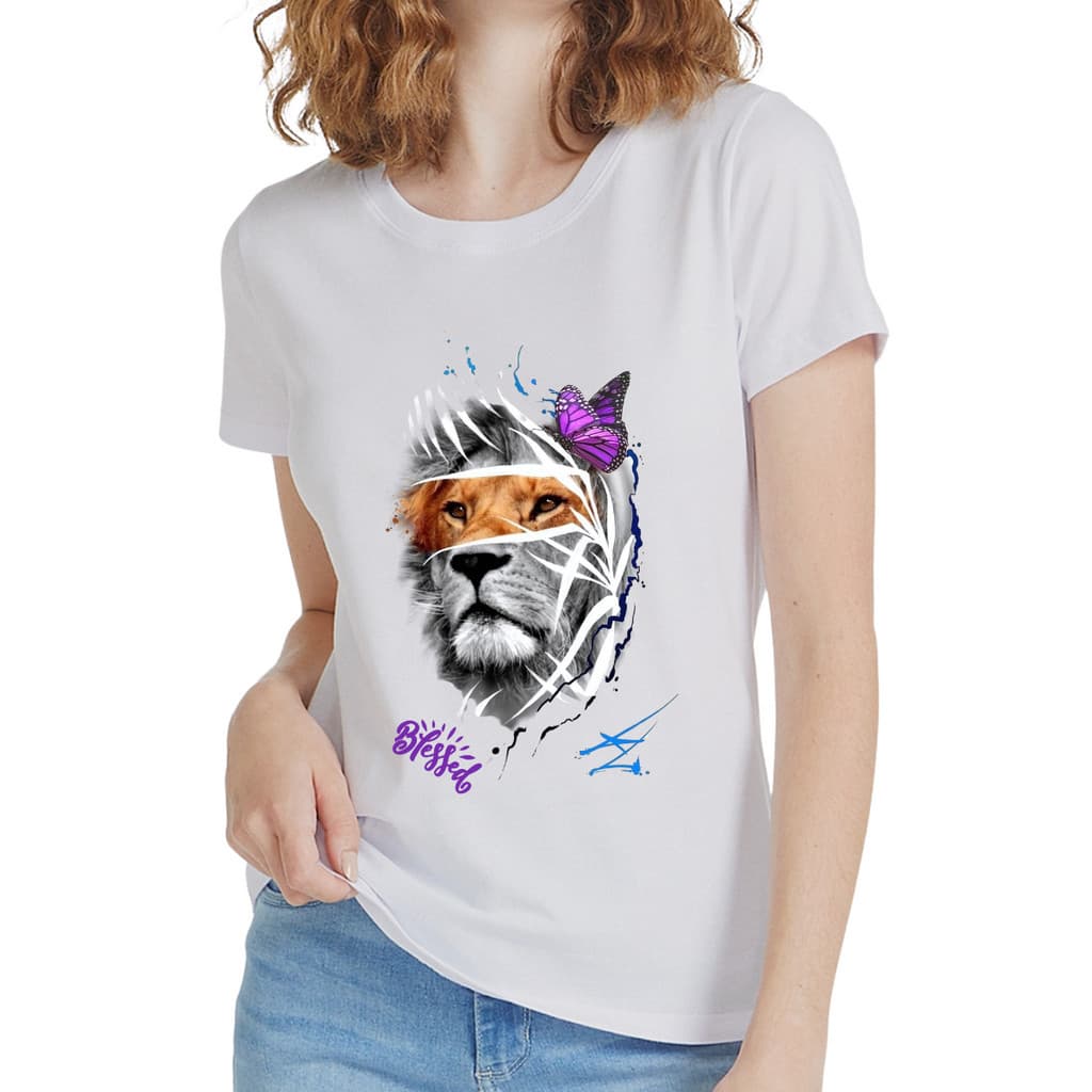 Camiseta Estampa de Leão Blessed T-shirt Branca Feminina Manga Curta