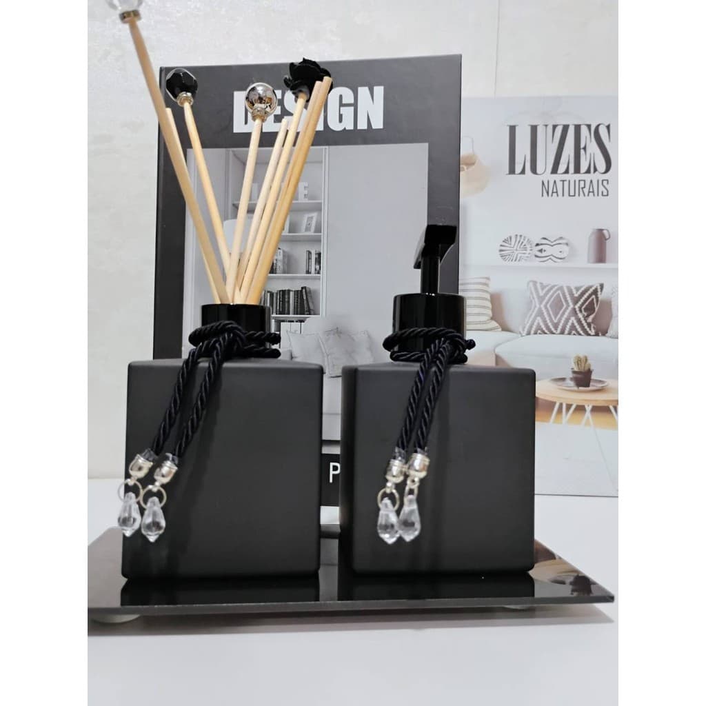 Kit Difusor e Saboneteira com Bandeja Cubo Preto Fosco