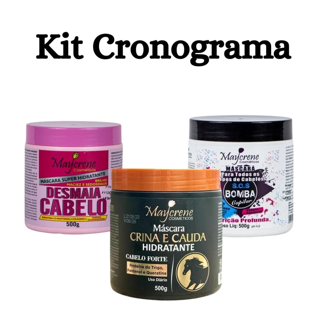 Kit Cronograma Capilar Crescimento Maycrene (Crina e Cauda, Desmaiados e Disciplinados, S.O.S Bomba)