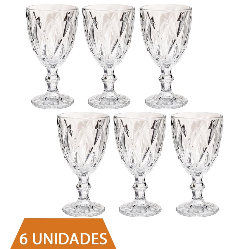 6 Copos Transparente Taças Diamante 300ml Para Agua Vinho