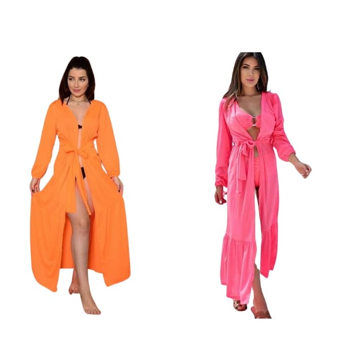 Kit De 2 Saida De Praia Basico Moda Verao Kimono Manga Longa