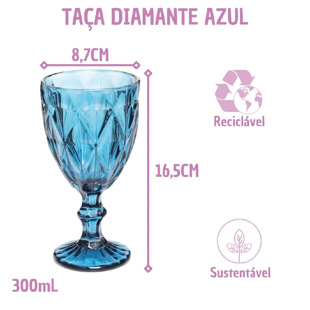 Jogo Copo Taça Vidro Diamante Azul Para Agua 300ml - 4un