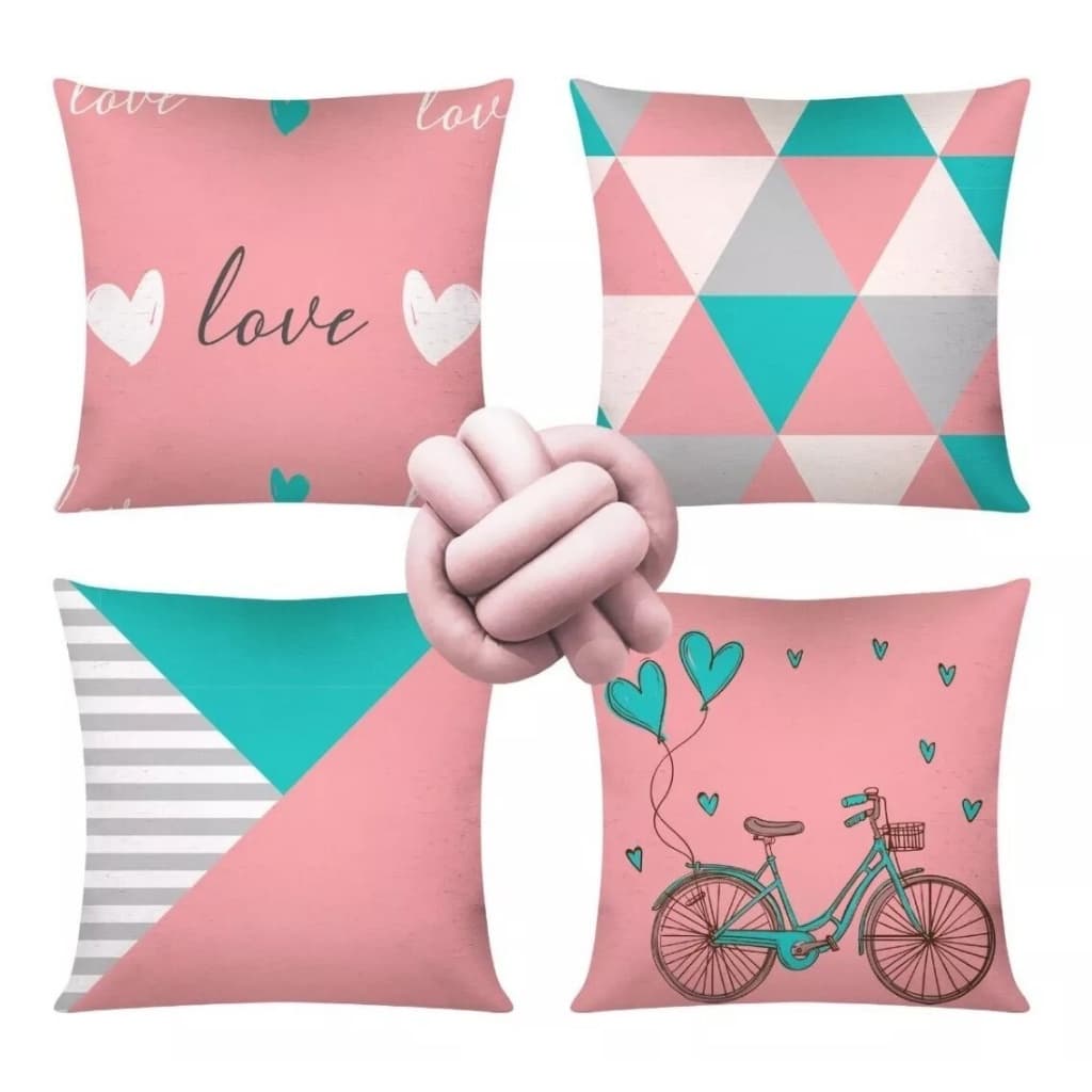 Kit 4 Almofadas Cheias Decorativas + 1 Almofada De Nó Bicicleta Rosa