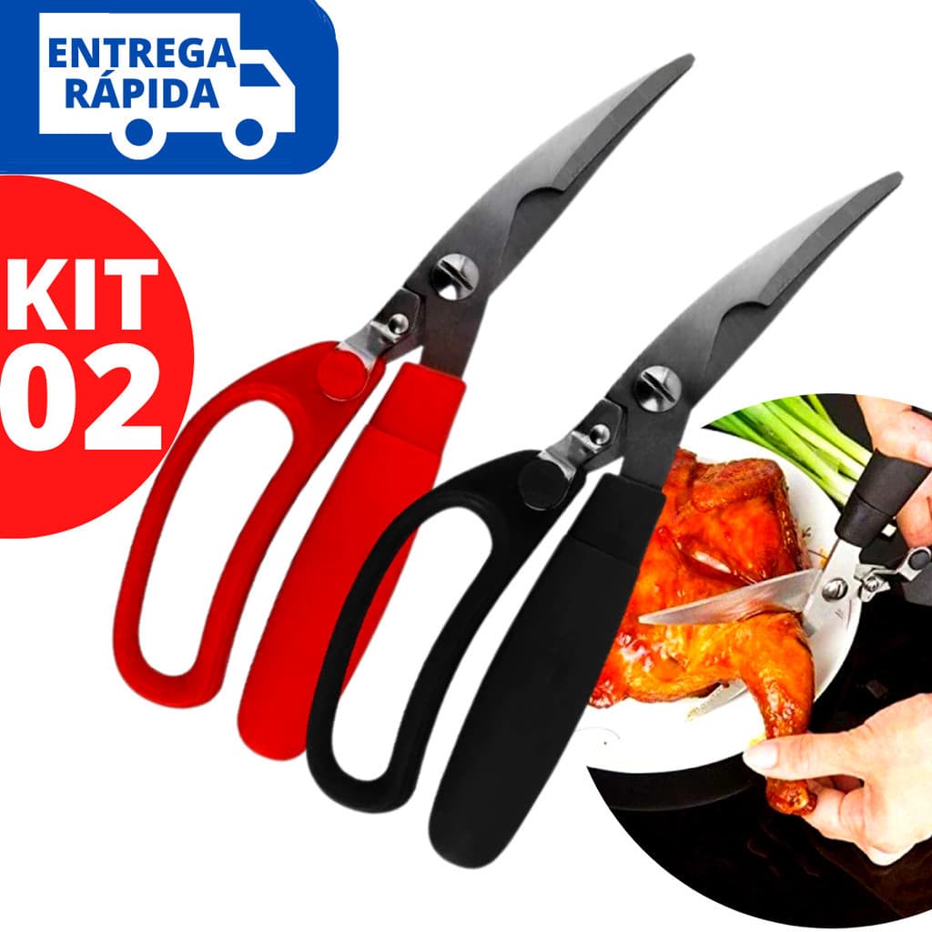 Kit 02 Tesoura de Cozinha Multifunções Corta e Desossa Frango Corta Peixes Alimentos