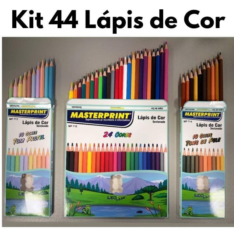 Lápis de Cor Kit 44 Cores  (24 CORES + 10 Cores Tom Pastel +10 Cores Tons de Pele) Escolar Sextavado