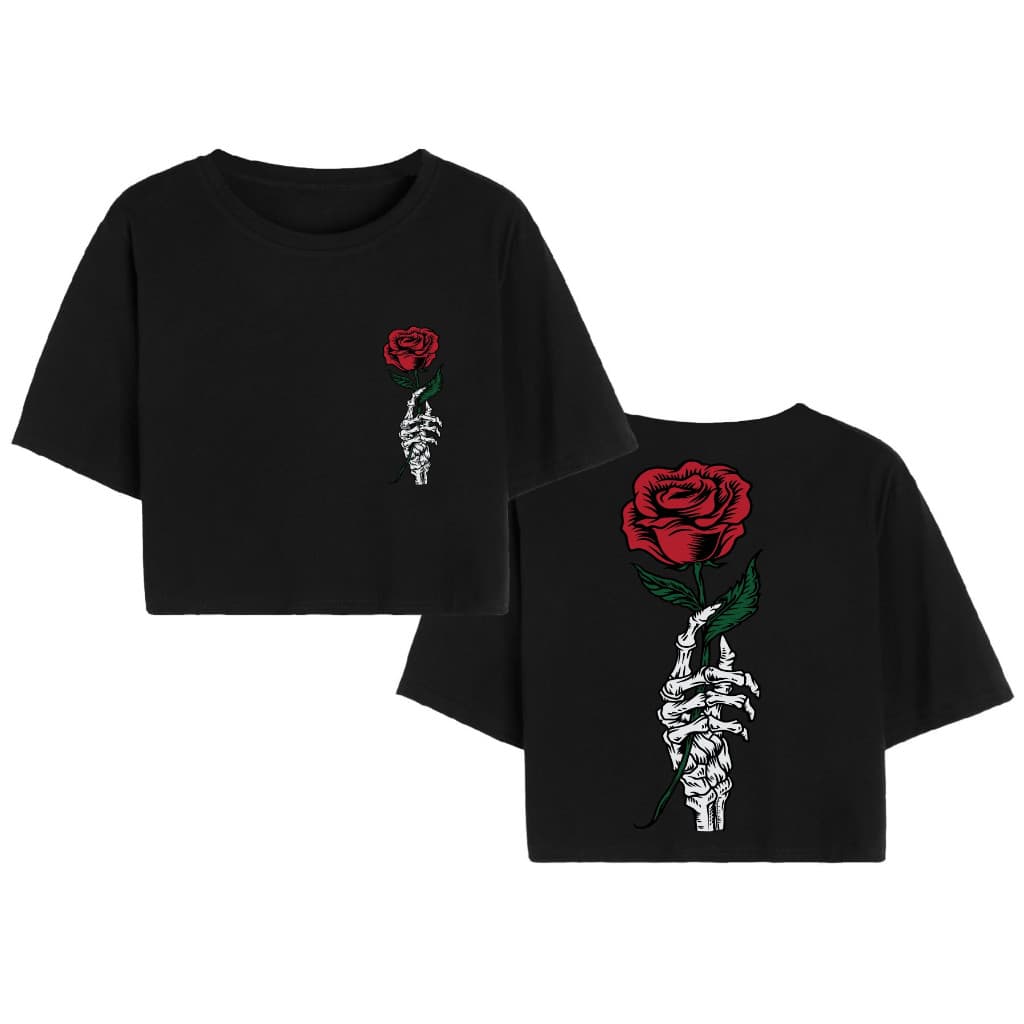 T Shirt Cropped Feminino Camiseta Algodão Premium Mão Caveira Flor Swag