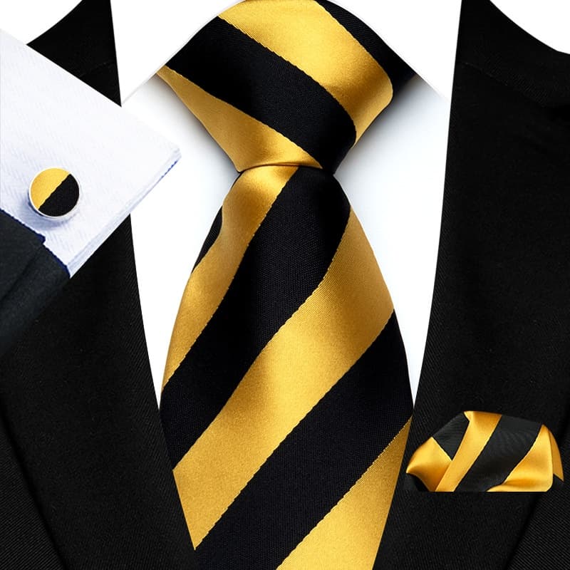 3pcs/sets 8cm Gravatas De Moda Masculina De Seda Casamento Laço Preto Listrado Com Listras De Ouro Hanky Cufflinks