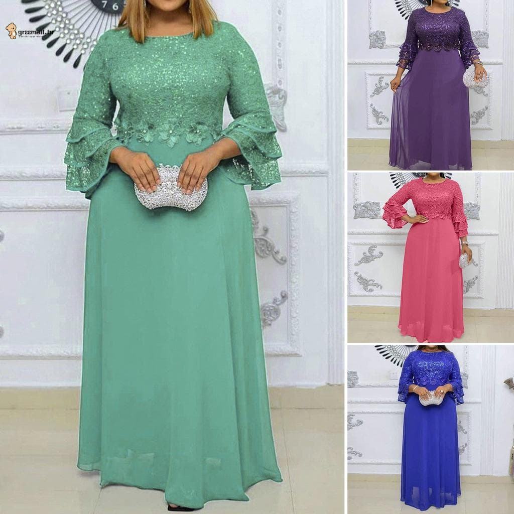 Vestido de festa justo com mangas largas, cintura alta, corte A, decoração floral, renda bordada, chiffon,tamanho grande