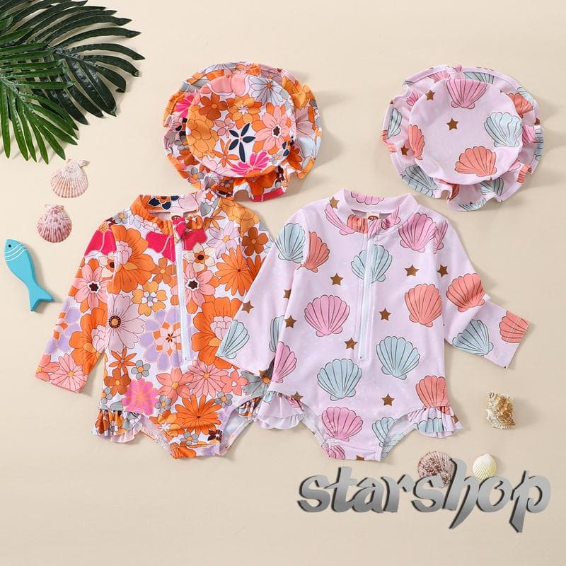 Starshop-Baby Girls Spring Summer Romper Roupa De Banho De Manga Comprida Floral/Shell Print Fato Com Chapéu