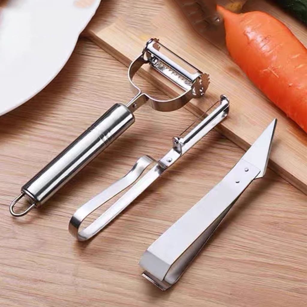 Kit Descascador  Fatiador Inox Legumes Frutas Dupla Lâmina Móvel