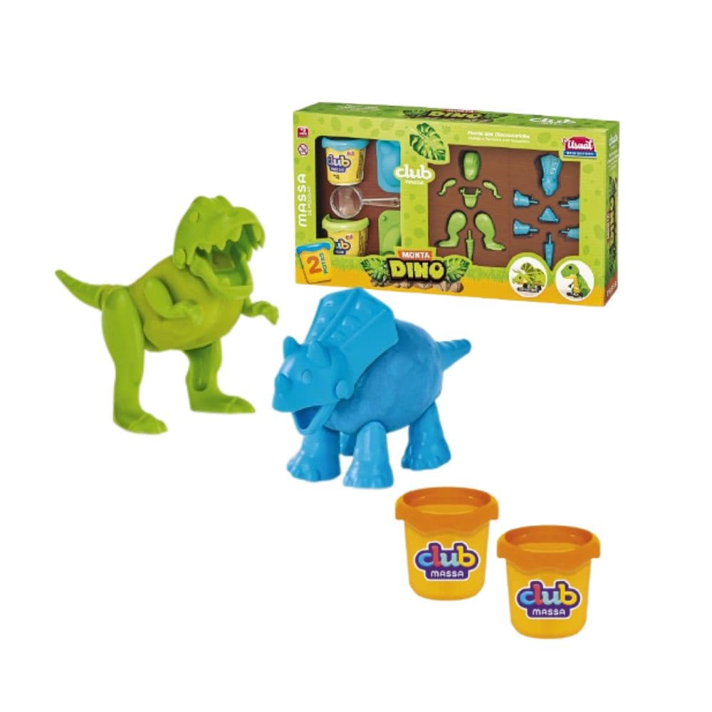 Club Massa Kit com 2 Dinossaurinhos Acessórios Monta Dino Usual Massinha