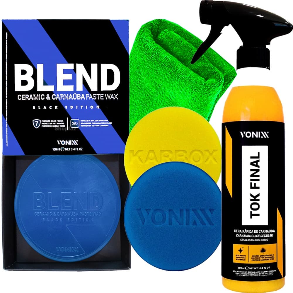 Kit Cera Automotiva Blend Black Edition Vonixx + Cera de Manutenção Tok Final e Acessórios