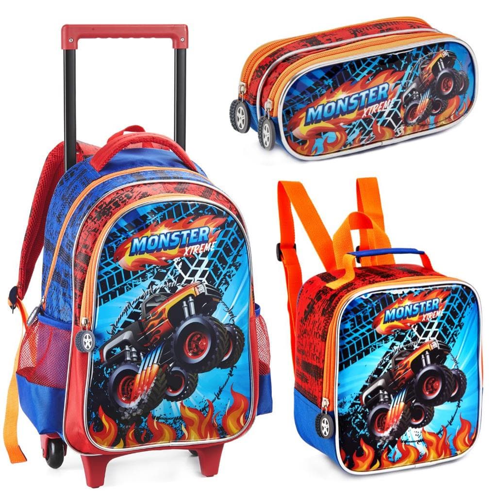 Kit Mochila Rodinha Lancheira Estojo Monster Xtreme Carro