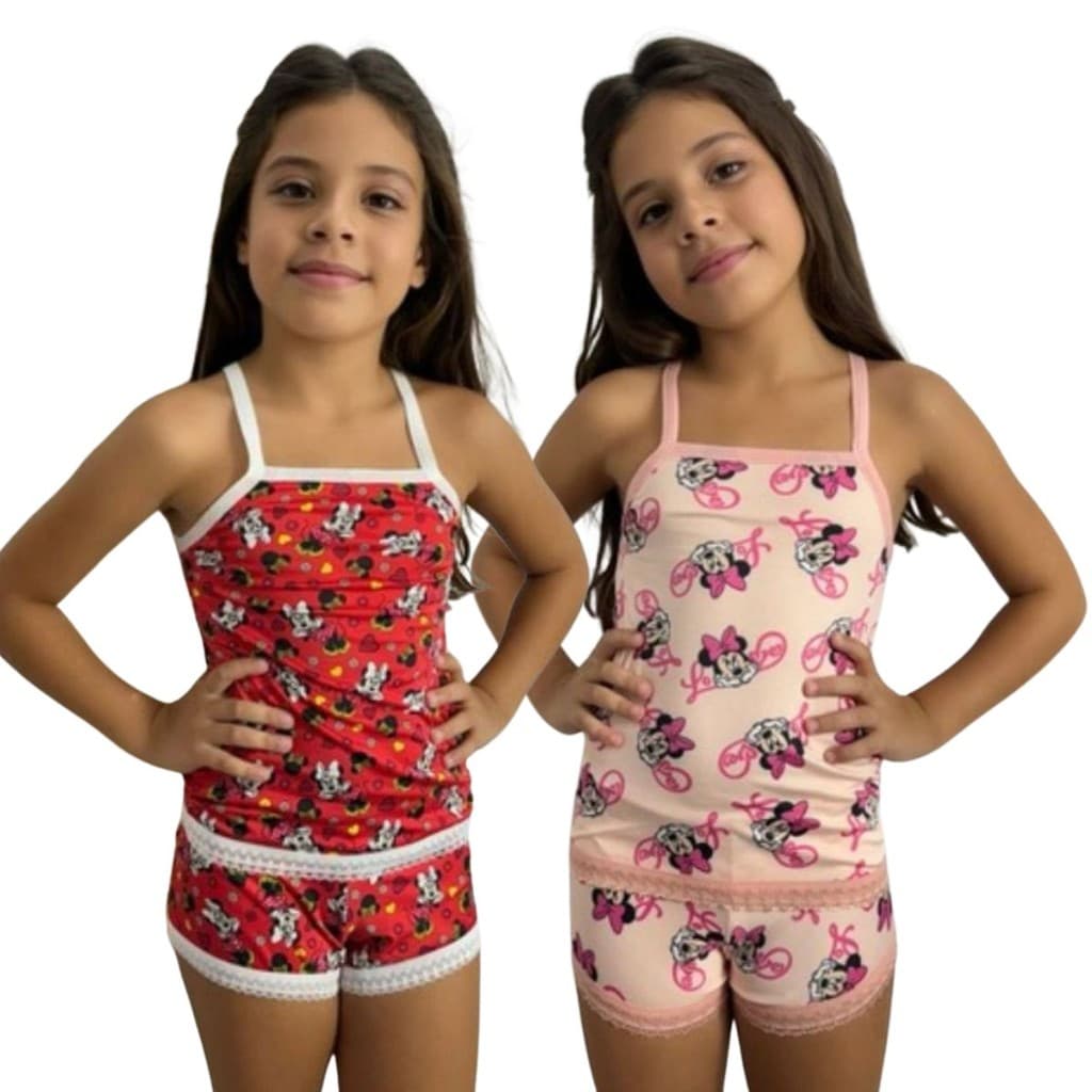 Kit 2 Pijama Infantil Baby Feminino Juvenil Menina Moça Conjunto Blusa e Shortinho Estampado Verao