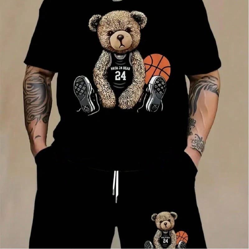 Kit Camiseta Básica Urso Basquete Masculina  StreetWear + Bermuda Tactel Urso Basquete Masculina