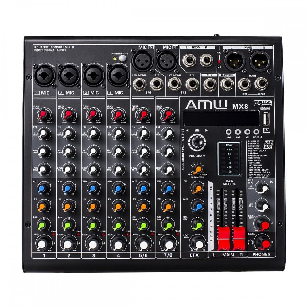 AMW MX8 v2 Mesa de Som 8 Canais 6 XLR EFX Interface USB