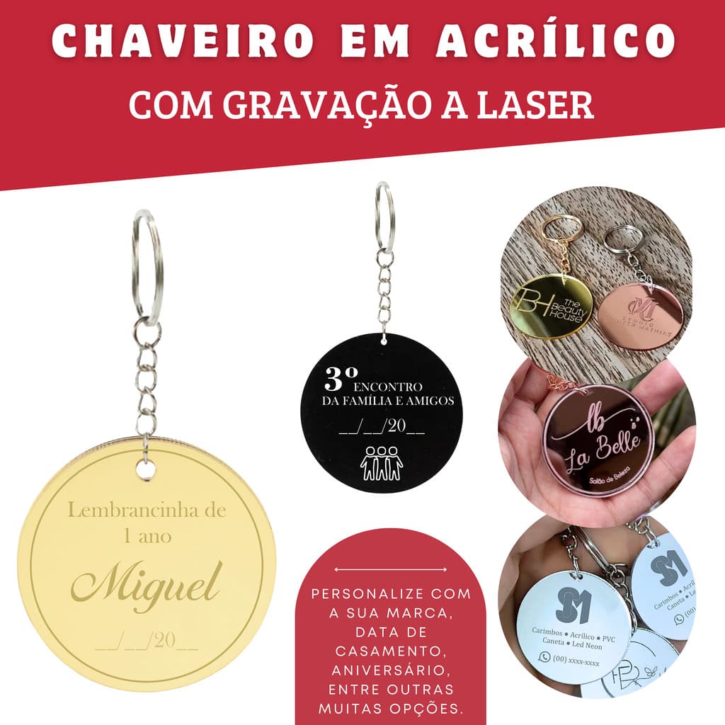 Chaveiro de Acrílico Espelhado Pequeno Personalizado - 4x4cm