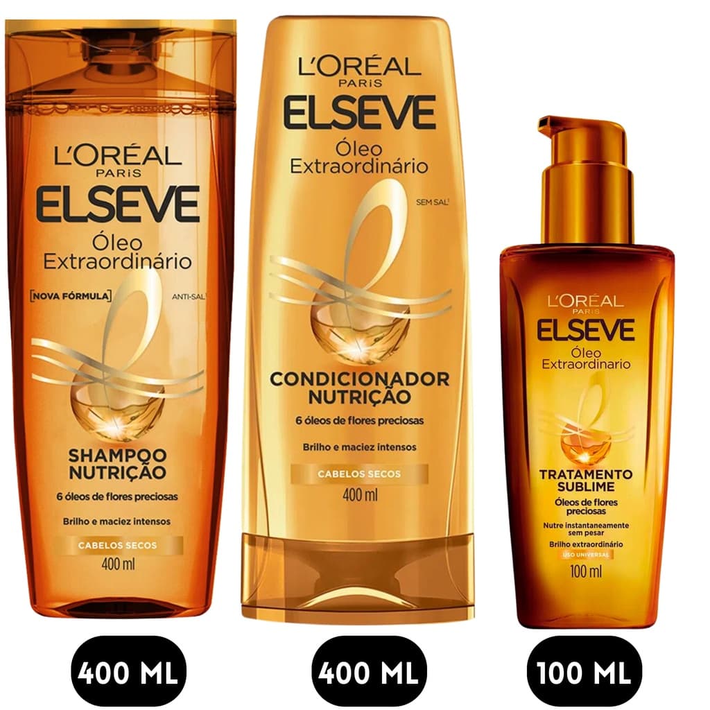 Kit Elseve Óleo Extraordinário Loreal Paris 400ML Cabelos Secos Nutrição Brilho para Cabelos Secos Brilho Espelhado