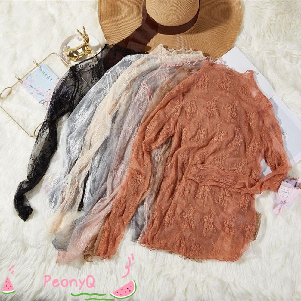 PEONYQ Tops Femininos , Blusas De Renda Femininas Com Bordado Floral Transparente Transparentes De Malha De Manga Compri