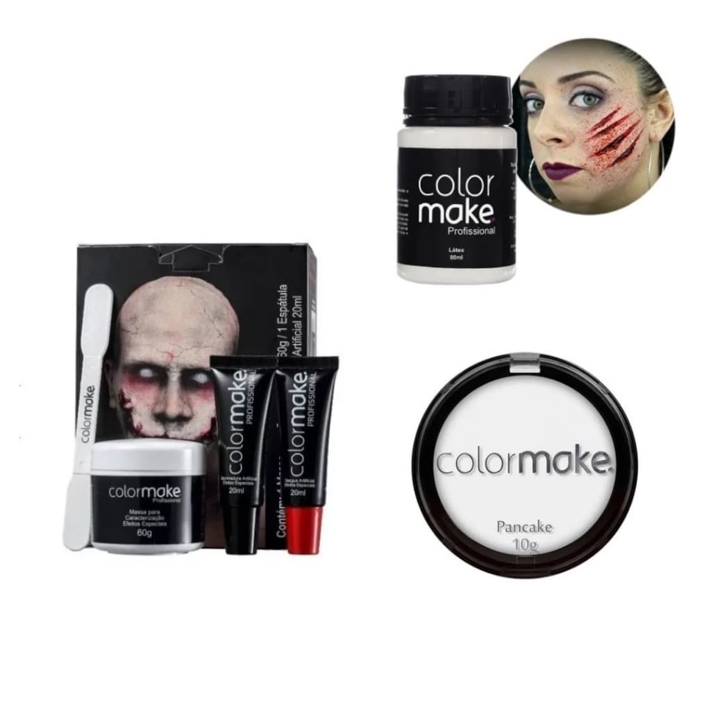 Kit Maquiagem Halloween 6 Itens - 1 Kit Efeitos Especiais + Latex e Pancake Colormake
