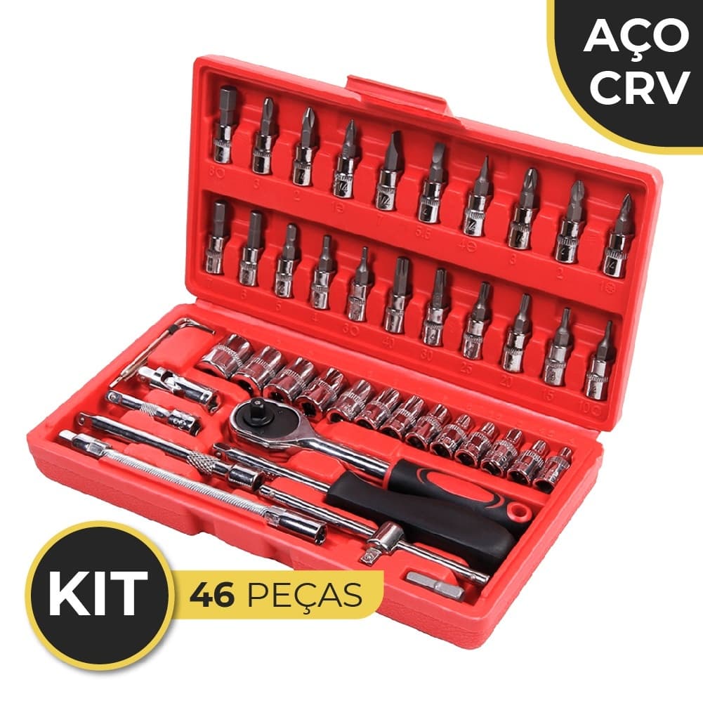 Maleta Jogo Conjunto Chave catraca 46 peças 1/4'' com soquete reversível resistente aço inox --  Linha Premium