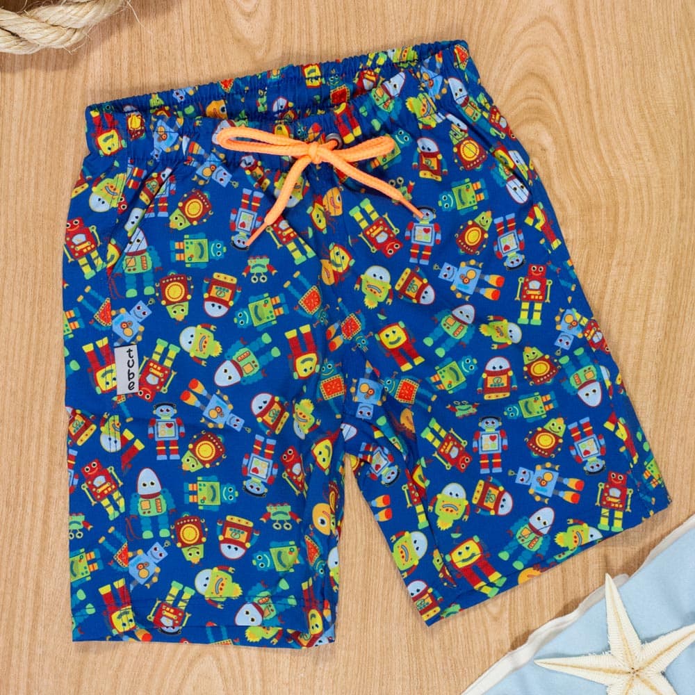 Bermuda Praia Infantil Robôs Alegres Azul Menino